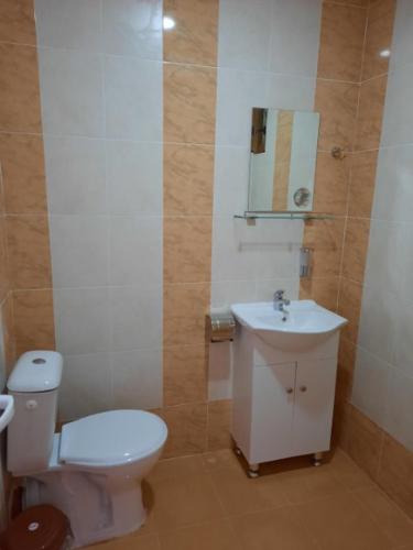 a bathroom with a white toilet and a sink at Райчевата къща - Кюстендил in Kyustendil