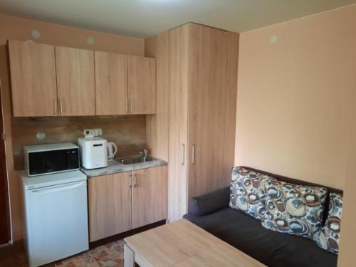 a small kitchen with a couch and a microwave at Райчевата къща - Кюстендил in Kyustendil