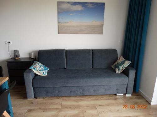 a blue couch in a living room with a painting at Apartament na Piaskowej in Żarnowska
