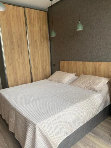 バクーにあるApartment near 28 Mallの木製のヘッドボードが付いた大きなベッドのある寝室