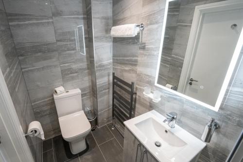 a bathroom with a toilet and a sink and a mirror at The Fort Hotel in Dundee