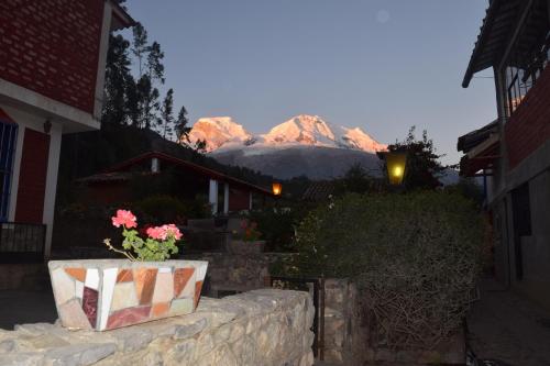 a mountain in the distance with a vase of flowers at La Casita de mi Abuela in Mancos