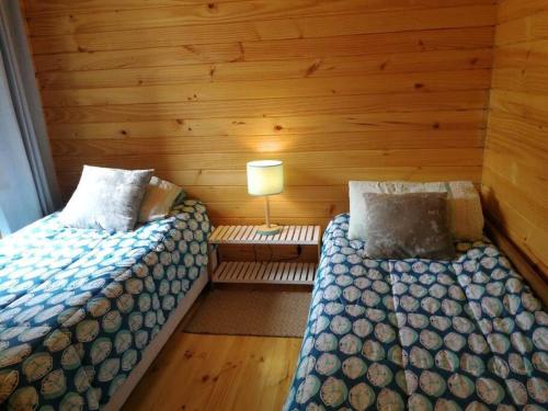 a bedroom with two beds and a lamp in it at Hermosa cabaña con vista al lago Vichuquén in Vichuquén