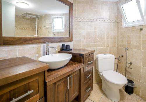 uma casa de banho com um lavatório, um WC e um espelho. em YalaRent Fruit Tree Villa with Private Pool em Eilat