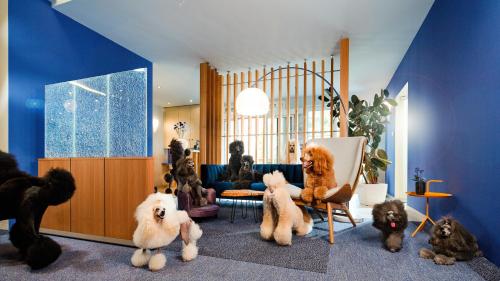 a group of stuffed animals sitting in a living room at Kristallhotel Fettehenne in Leverkusen