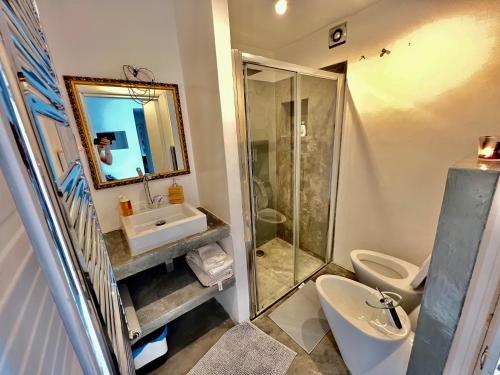 La salle de bains est pourvue d'un lavabo, de toilettes et d'une douche. dans l'établissement [Abstract house] Design home in center of Turin, à Turin