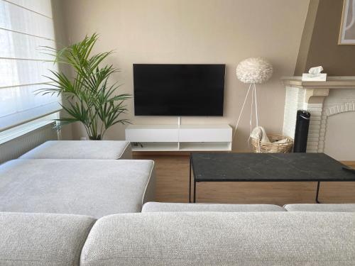 sala de estar con 2 sofás y TV de pantalla plana en Cosy and Fully Equipped Apartment near Antwerp, en Amberes