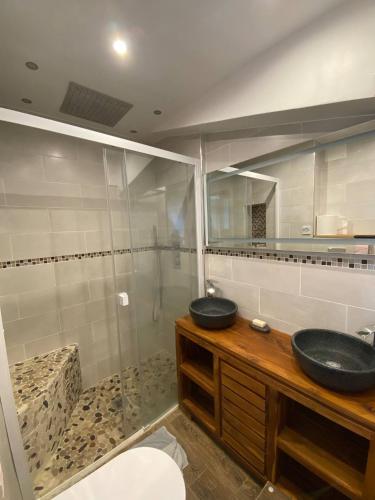 une salle de bain avec deux lavabos et une douche dans l'établissement Splendide appartement vue océan le Penon, à Seignosse