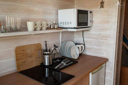 a small kitchen with a counter with a microwave and a counter sidx sidx at Aquarius Domki całoroczne in Dziwnówek