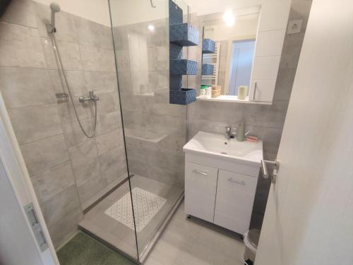 a bathroom with a shower and a sink at BlankApartman in Mohács
