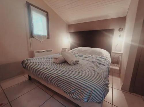 une chambre avec un lit avec un oreiller et une fenêtre dans l'établissement Auvillar: gîte au calme en pleine nature 2/4pers, à Saint-Loup