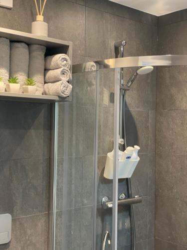 a bathroom with a shower stall with towels at Divas Laivas apartments with a terrace in Ķesterciems