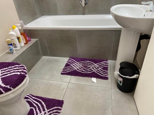 een badkamer met paarse tapijten op de vloer naast een bad bij Mall Of Africa Spot2 in Midrand