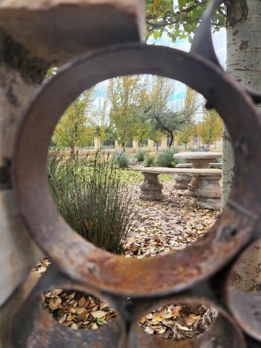 a view of a garden through a metal fence at Eldorado Lodge CC in Kuruman