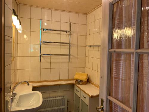 a small bathroom with a sink and a toilet at Haus Talruhe in Kurort Altenberg