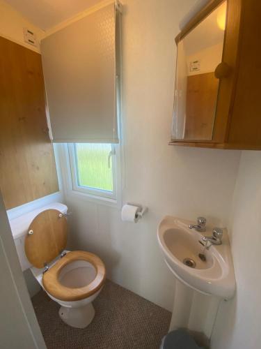 a small bathroom with a toilet and a sink at A7 caravan The Chase Ingoldmells in Ingoldmells