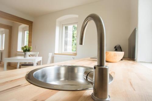 a stainless steel sink in the middle of a kitchen counter at Ferienwohnung Schwalbennest in Kiebitz