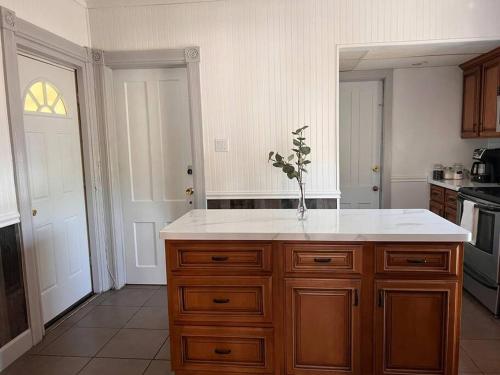 a kitchen with a counter with a vase on it at Relaxing 4 bedroom walk to the falls sleeps 8 in Niagara Falls