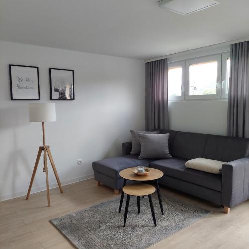 sala de estar con sofá azul y mesa en Apartament26 en Stronie Śląskie