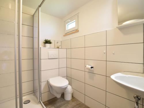a bathroom with a toilet and a sink at Insel- Bungalow auf Poel in Insel Poel