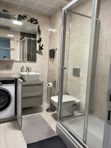 ein Badezimmer mit einem WC, einem Waschbecken und einer Waschmaschine in der Unterkunft Your Place with Spa & Fitness in Skopje
