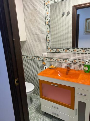 a bathroom with a sink and a toilet and a mirror at Alojamiento las Delicias in Hornachuelos