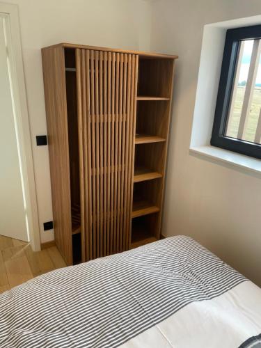 ティミステにあるTiny house moderneのベッドルーム(本棚、ベッド付)