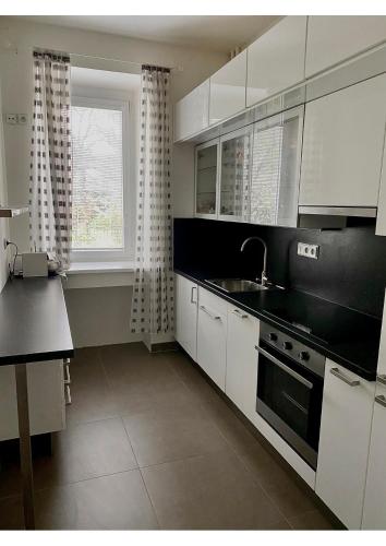 cocina con armarios blancos, fregadero y ventana en Studio apartment in center Brno en Brno