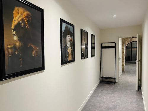 a hallway with framed pictures on the walls at Loft atypique Dunkerque Centre in Dunkerque
