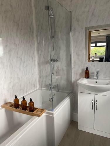 a bathroom with a shower and a sink and a bath tub at The Annexe Porthcawl Pet Friendly 2 Bedroom Flat with King Size bed bunk beds and sofa bed sleeps up to 5 people in Nottage