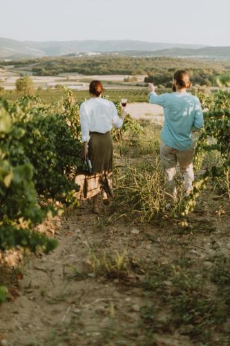 two men walking down a path in a field at SidroAndCo Rural Home in Secastilla
