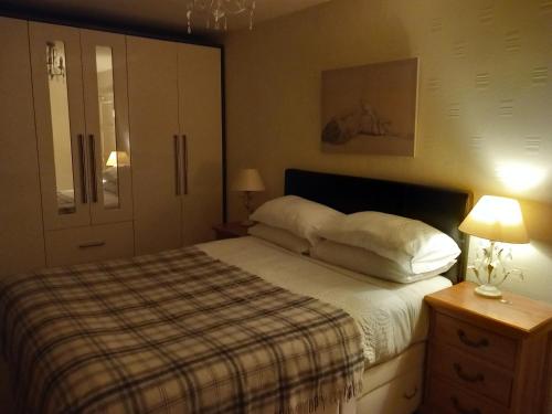 1 dormitorio con 1 cama con almohadas blancas y armario en WAVENEY en Belfast