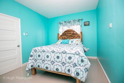 sypialnia z niebieskimi ścianami i łóżkiem w obiekcie THE SPLASHING VIEW w mieście Saint Mary