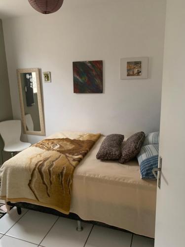 Un dormitorio con una cama con almohadas. en Residencial bela vista en Betim