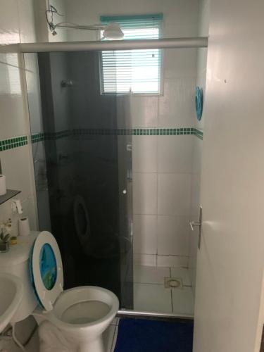 La salle de bains est pourvue de toilettes et d'une douche en verre. dans l'établissement Residencial bela vista, à Betim