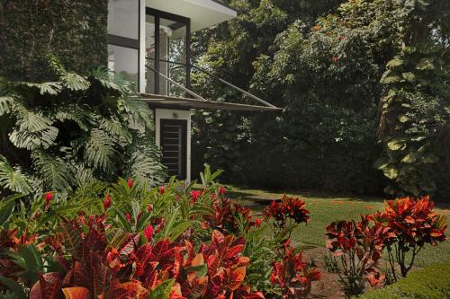 un jardin avec des fleurs rouges en face d'une maison dans l'établissement Garden House, à Bajo de las Labores