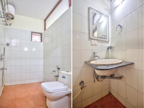 2 immagini di un bagno con servizi igienici e lavandino di Amazing Hilltop 3BHK Villa with Swimming Pool a Goa Velha