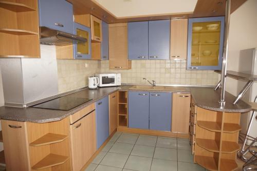 a kitchen with blue cabinets and a sink at Centrum Noclegowe Apartament 5 in Bydgoszcz