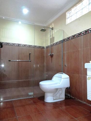 La salle de bains est pourvue de toilettes et d'une douche en verre. dans l'établissement Panorama Hotel, à Ubud