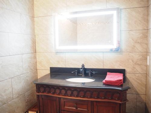 a bathroom with a sink and a mirror at Bear Creek Falls Lodge on 67 acres Creek & Waterfalls in Millville
