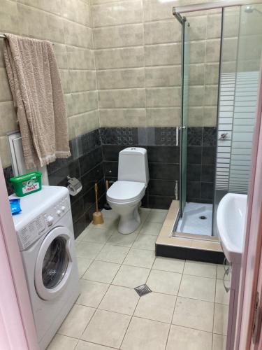 Un baño con inodoro y lavadora. en dirsi, en Tiflis