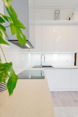 a kitchen with white cabinets and a sink at Hanza Tower De Lux apartament in Szczecin