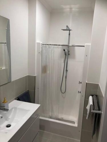 a white bathroom with a shower and a sink at H&H studio overlooking Boston Bay, Port Lincoln in Port Lincoln