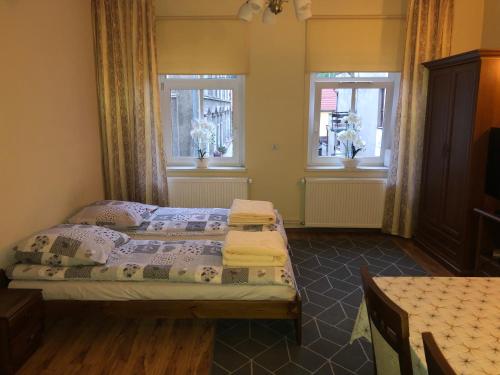 a bedroom with two beds and two windows at Apartament na Zdrojowej in Lądek-Zdrój