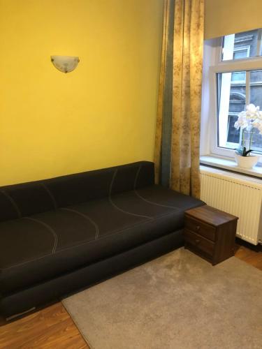 a black couch in a room with a window at Apartament na Zdrojowej in Lądek-Zdrój