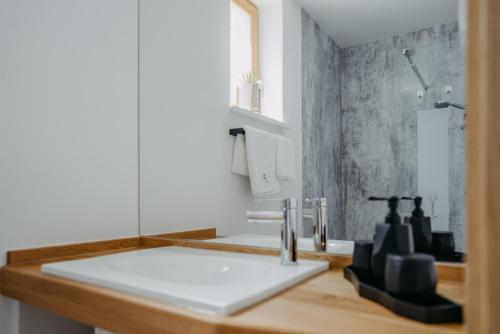 a bathroom with a sink and a shower at Weinberg Chalet 2 in Eisenberg an der Pinka