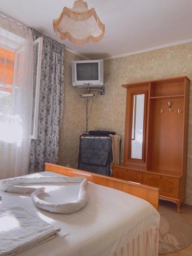 a bedroom with a bed and a tv on the wall at Вілла де Кампо in Chynadiyovo