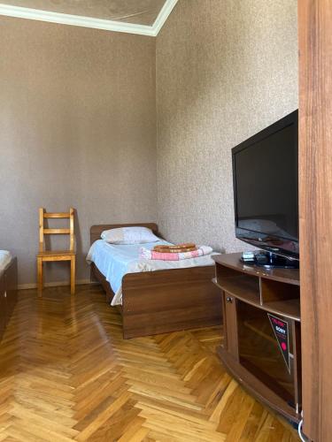a small room with a bed and a flat screen tv at Уютный Дворик in Sukhum