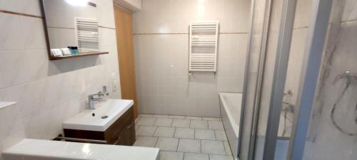ein weißes Bad mit einem Waschbecken und einer Dusche in der Unterkunft Gemütliche Wohnung mit Küche und Netflix in Klingenthal