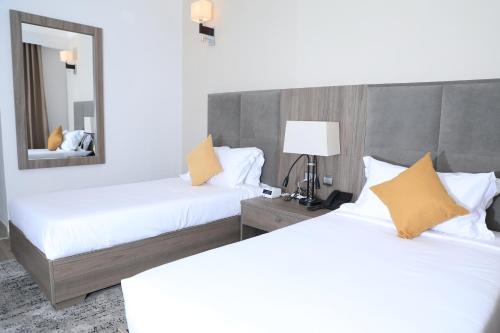 a hotel room with two beds and a mirror at TH BonRoyal Hotel in Addis Ababa